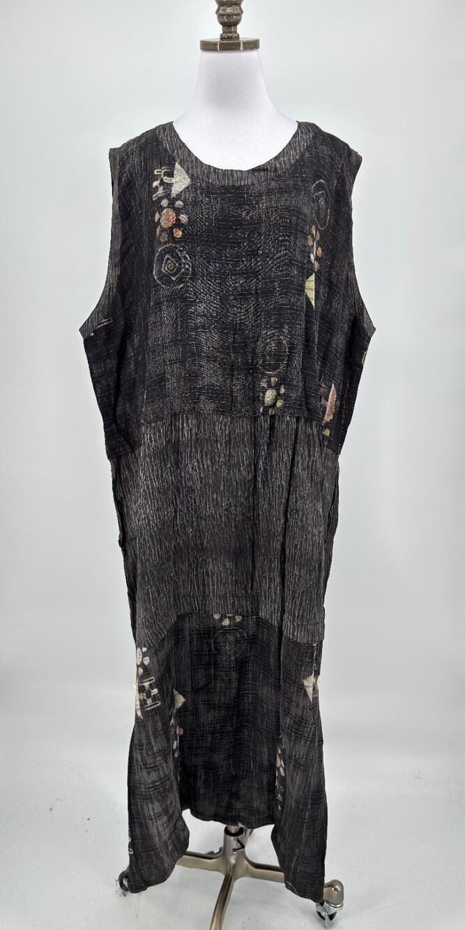 Kusnadi Art to Wear Vintage Black Gray Batik Linen Blend Midi Dress NEW